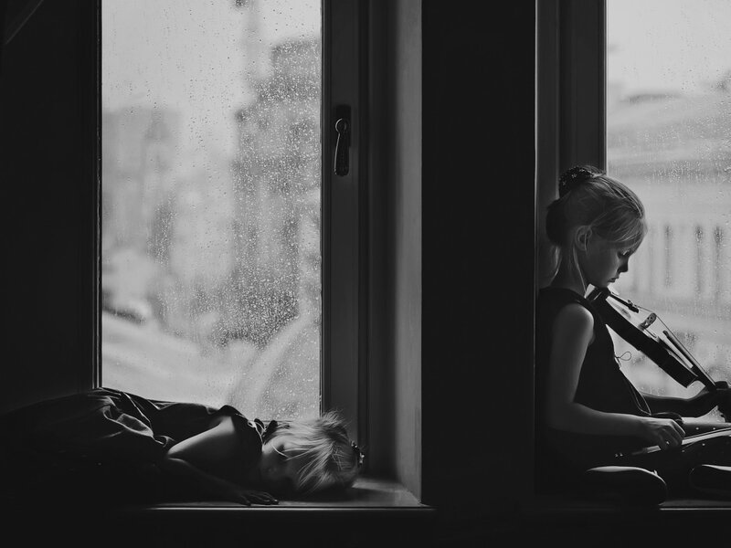Girl Playing Violin — Black, Melancholic