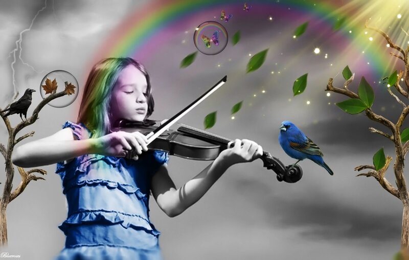 Girl Playing Violin — Blue, Dreamy