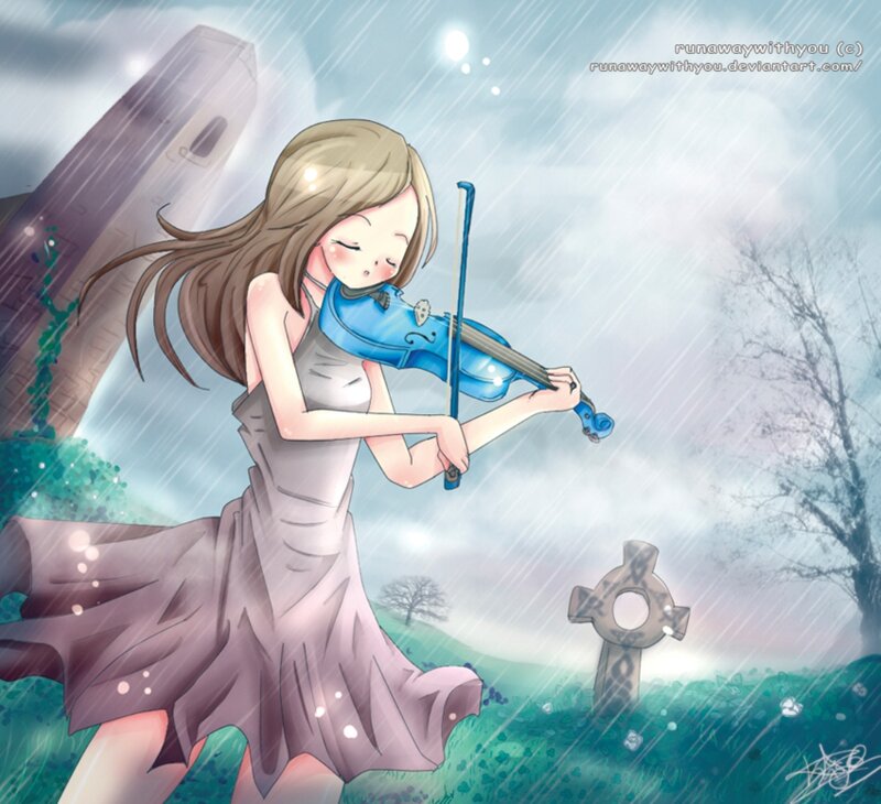 Girl Playing Violin — Blue, Melancholic