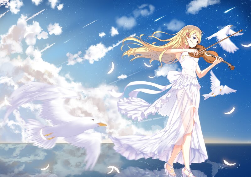 Girl Playing Violin — Blue, Serene, Night, Anime