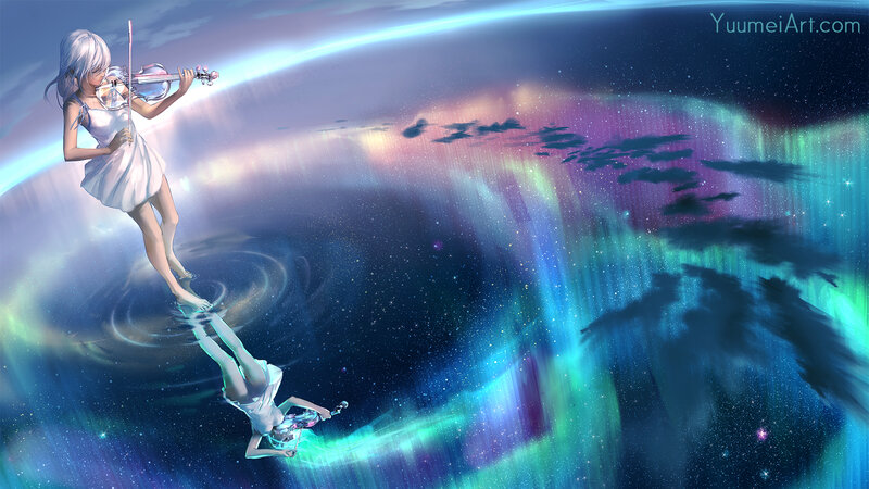Girl Playing Violin — Blue, Serene, Night, Digital Art, Aurora Borealis