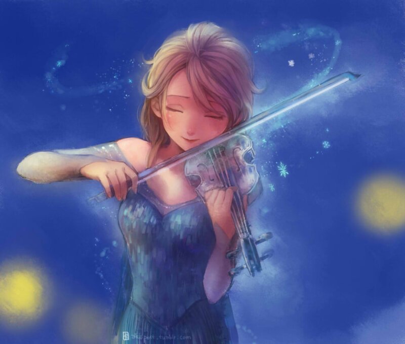 Girl Playing Violin — Blue, Serene, Night