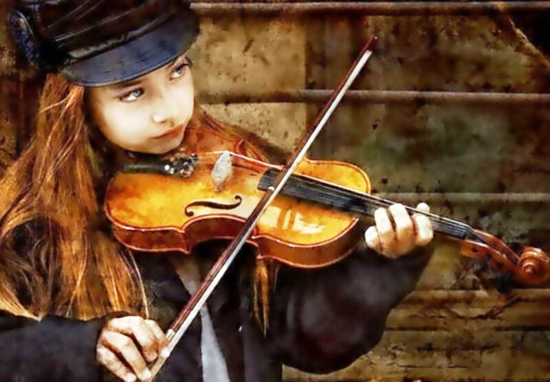 Girl Playing Violin — Brown, Dramatic