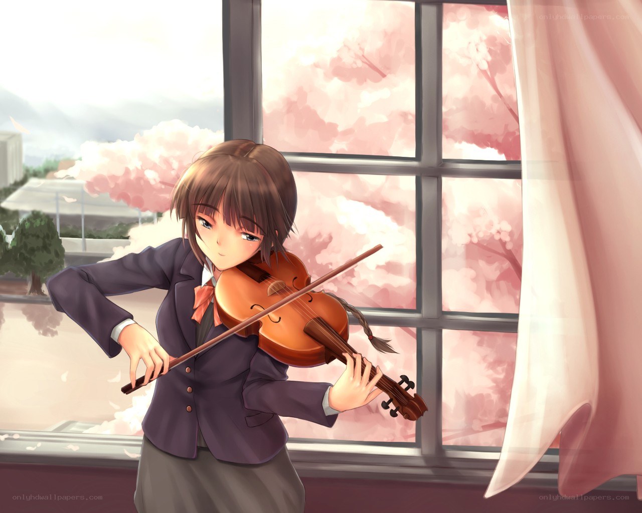 Girl playing violin by window