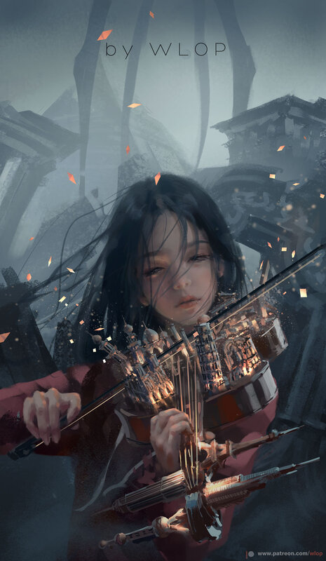 Girl Playing Violin — Gray, Dramatic