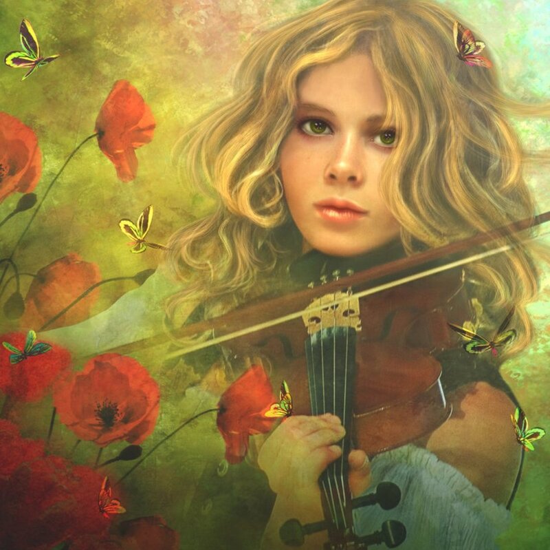 Girl Playing Violin — Green, Dreamy