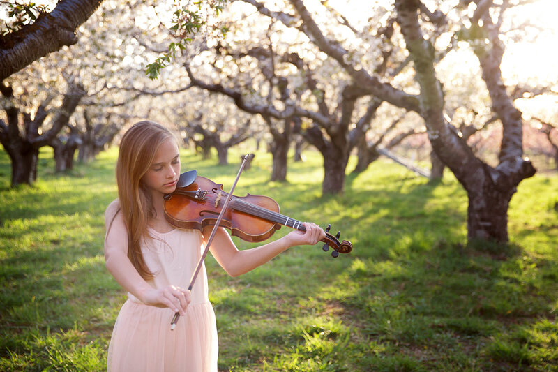 Girl Playing Violin — Green, Serene, Spring