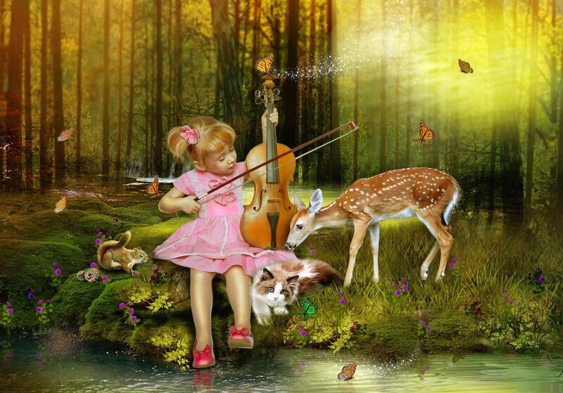 Girl Playing Violin — Green, Serene