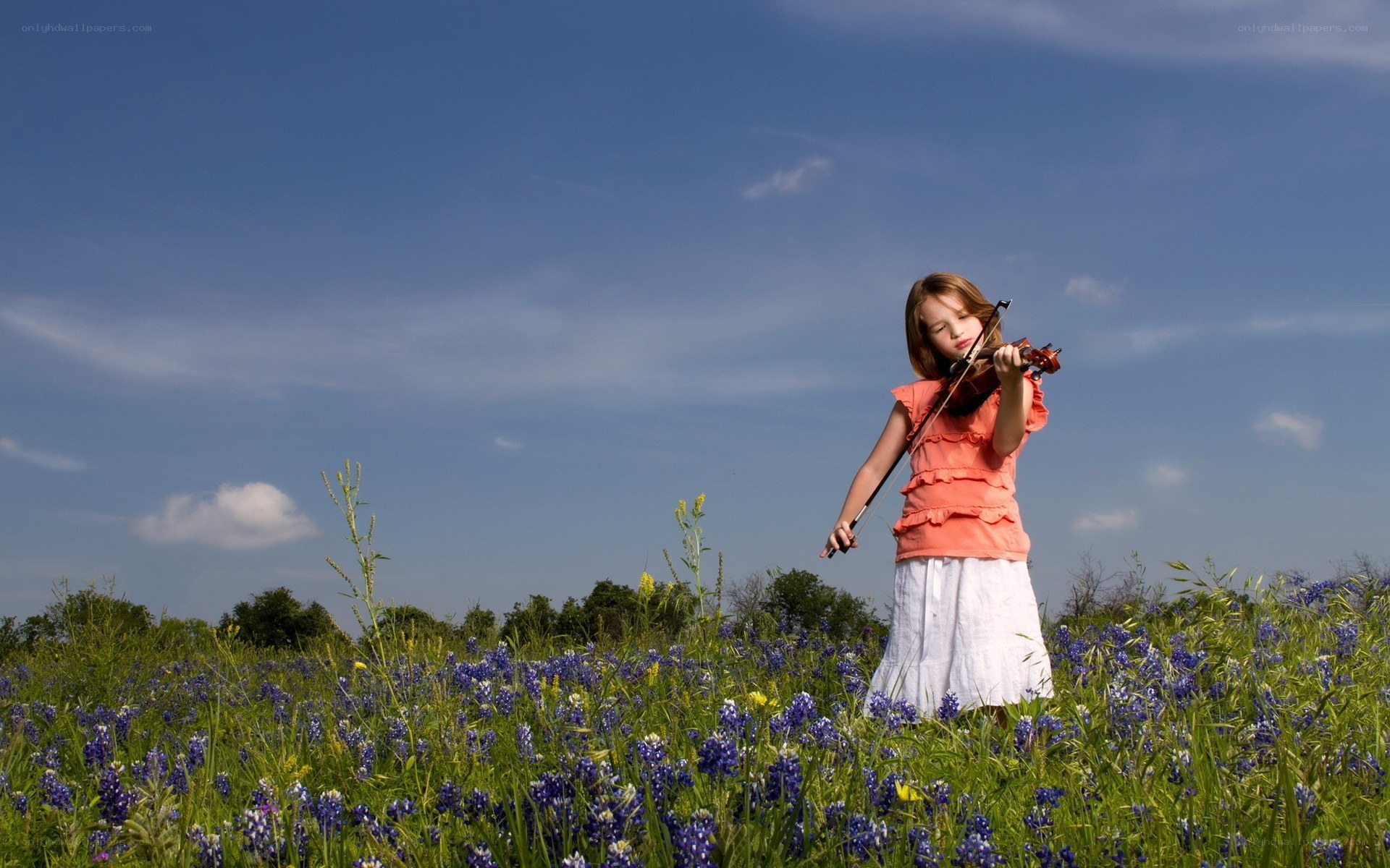 Girl playing violin in a field