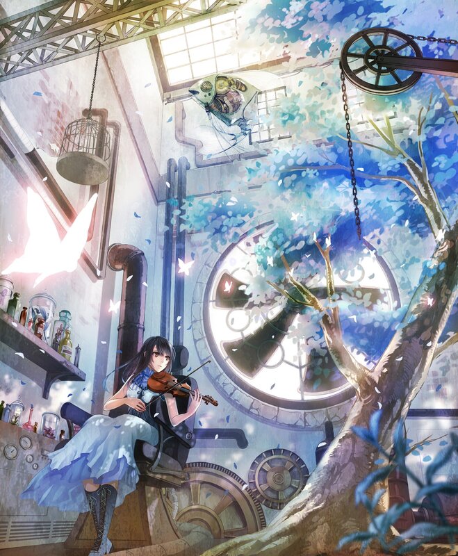 Girl playing violin in a steampunk lab