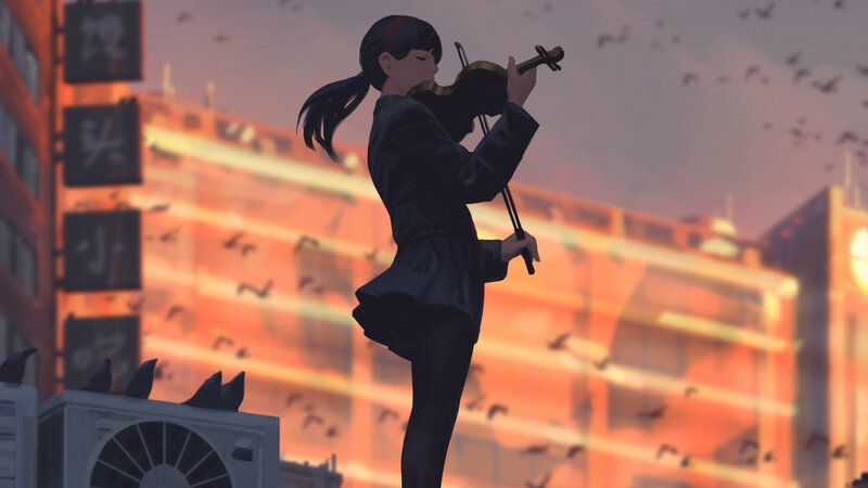 Girl Playing Violin — Orange, Dramatic, Sunset