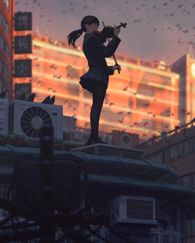 Girl Playing Violin — Orange, Dramatic