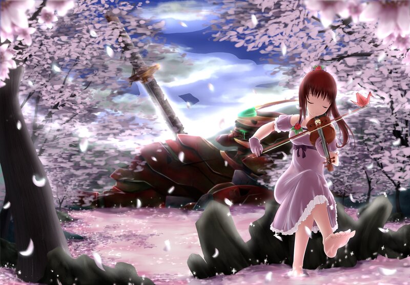 Girl Playing Violin — Pink, Serene, Spring, Anime