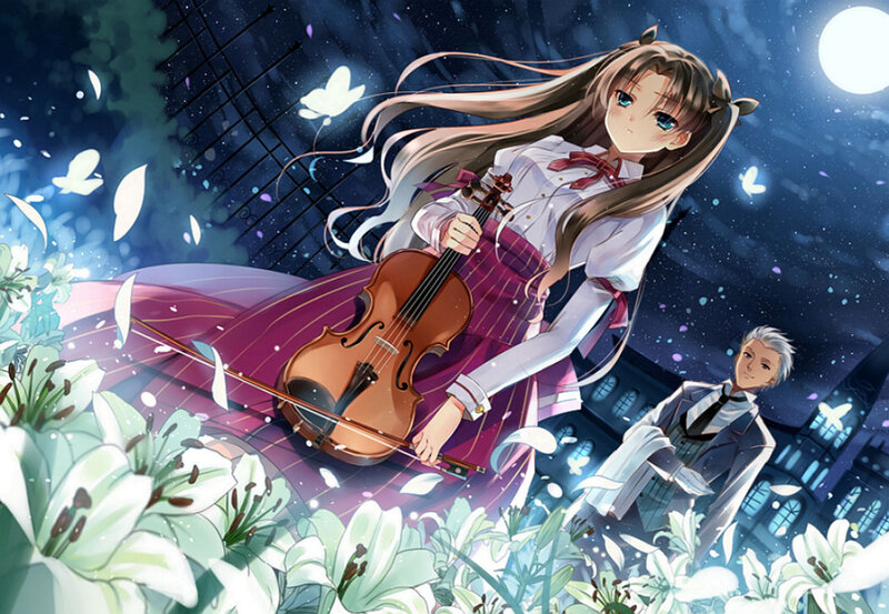 Girl Playing Violin — Purple, Serene, Night