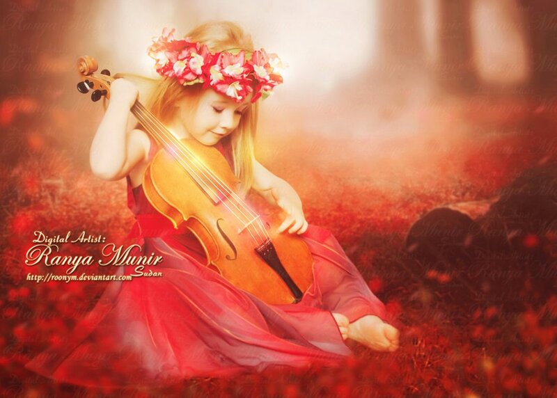 Girl Playing Violin — Red, Serene
