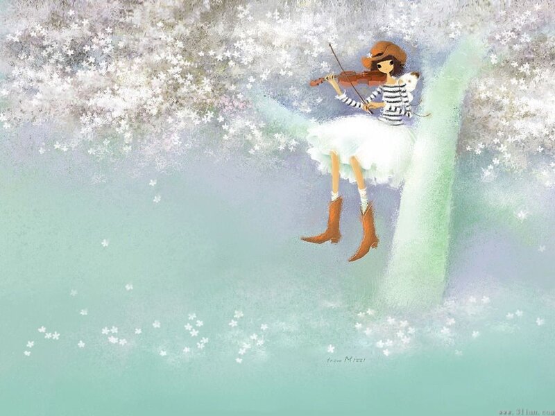 Girl playing violin under blossoms