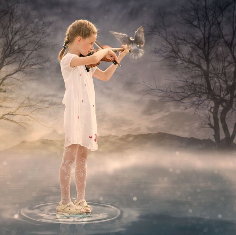 Girl Playing Violin — White, Dreamy, Sunset