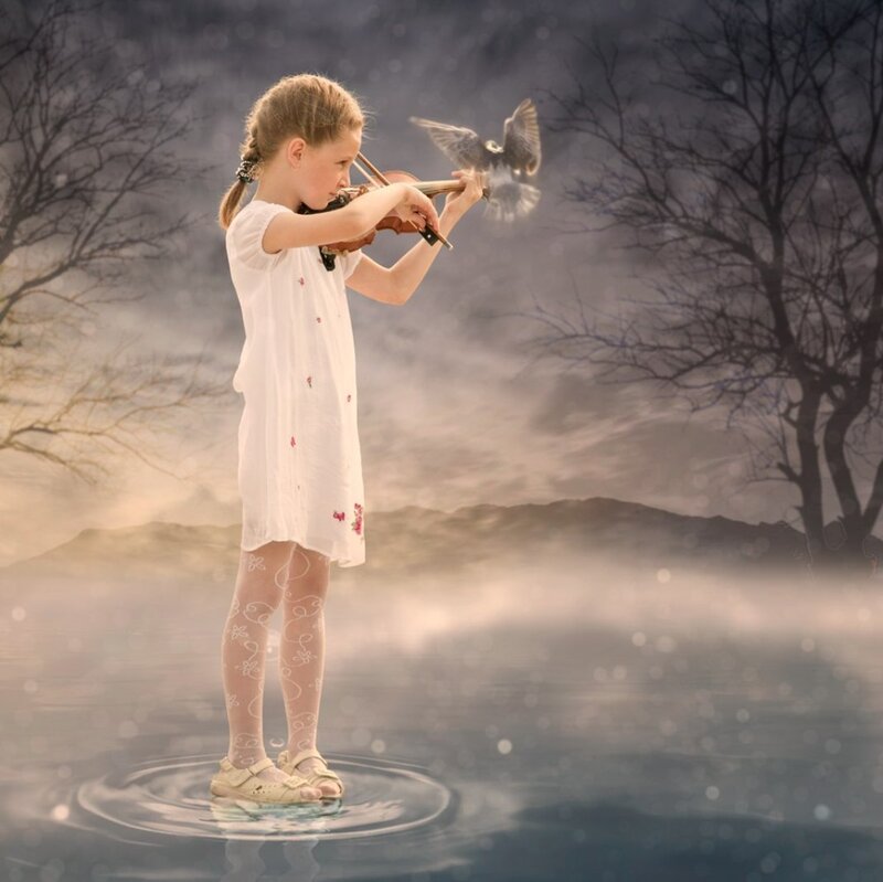 Girl Playing Violin — White, Dreamy