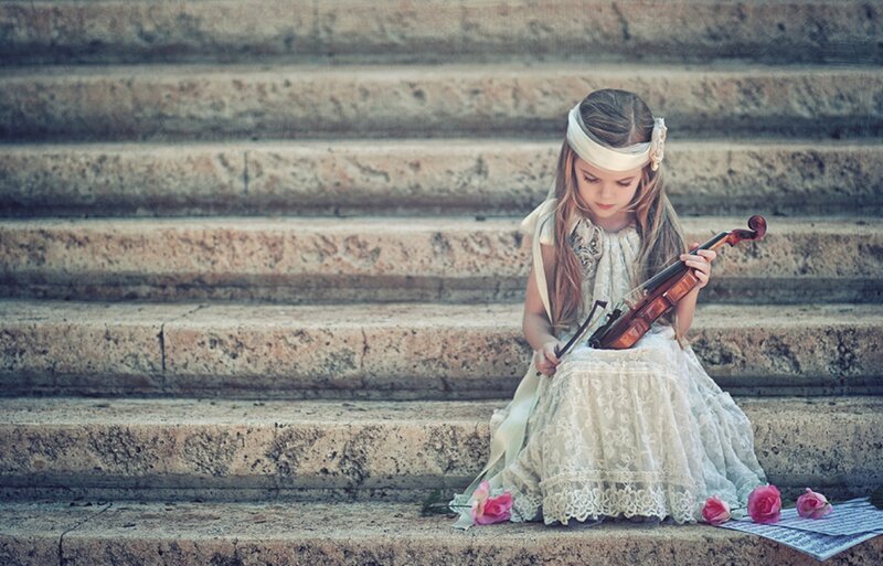 Girl Playing Violin — White, Serene, Photograph, Flowers