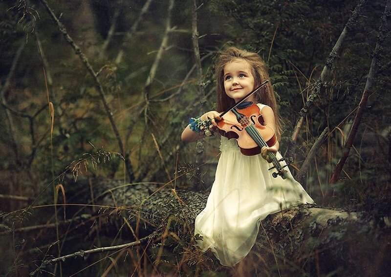 Girl Playing Violin — White, Serene, Photograph