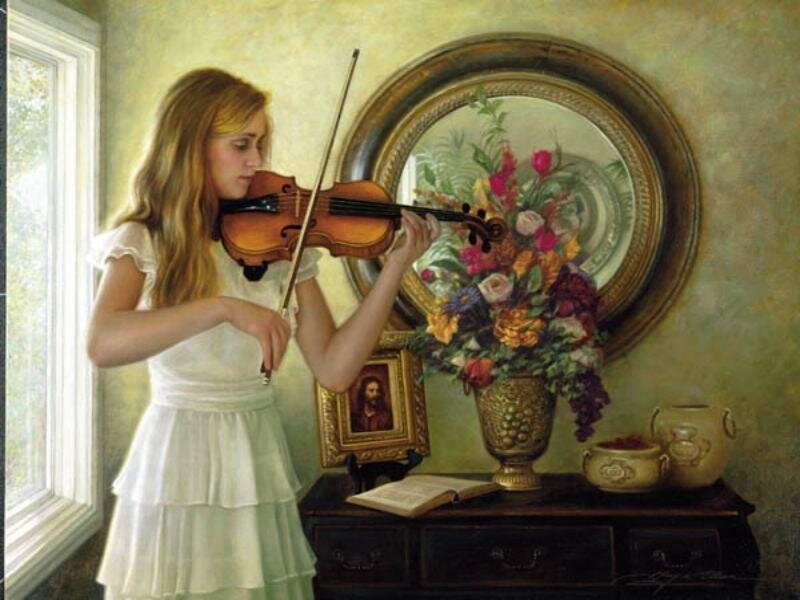 Girl Playing Violin — White