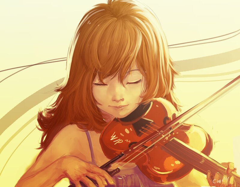 Girl Playing Violin — Yellow, Serene, Sunset