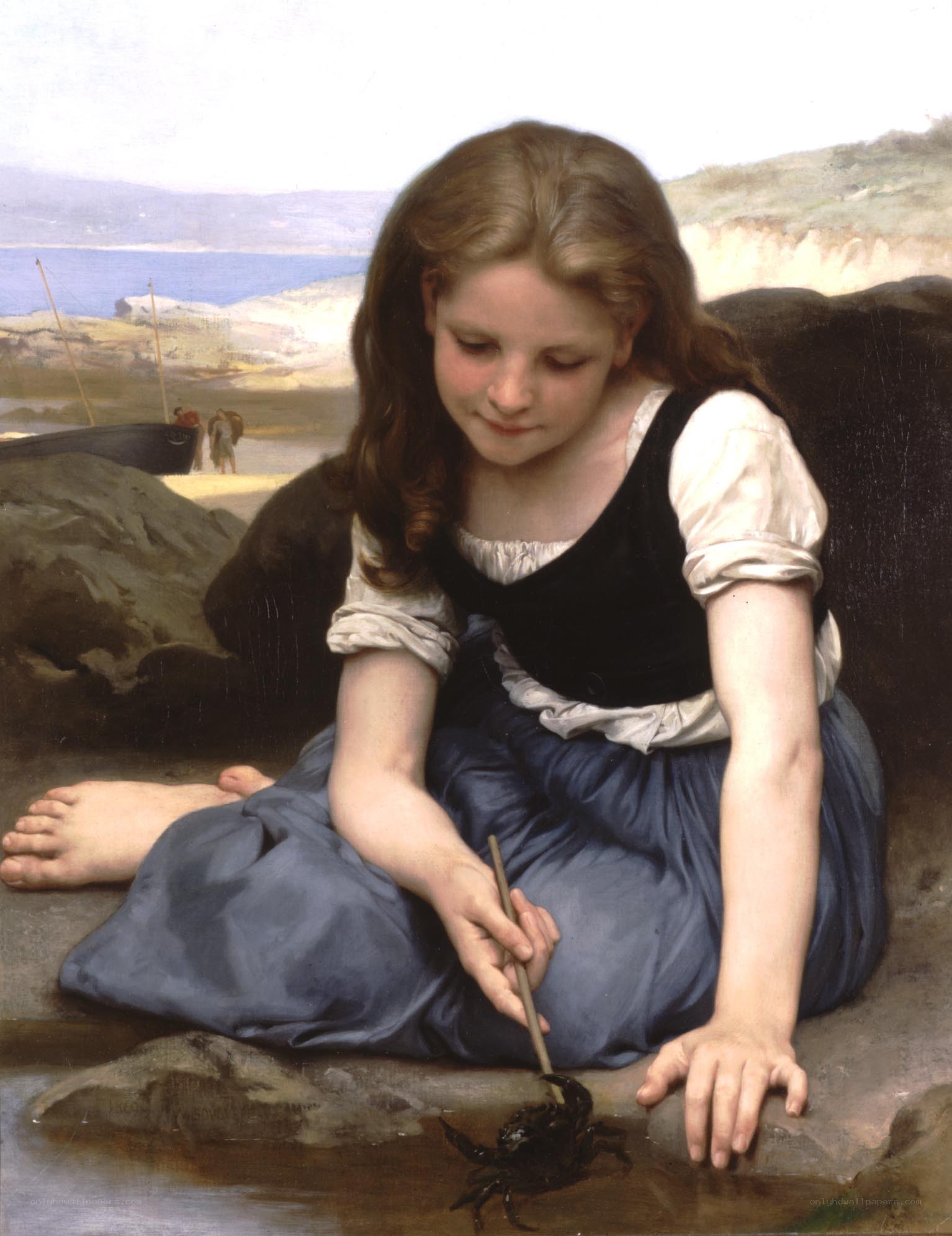 Girl playing with a crab