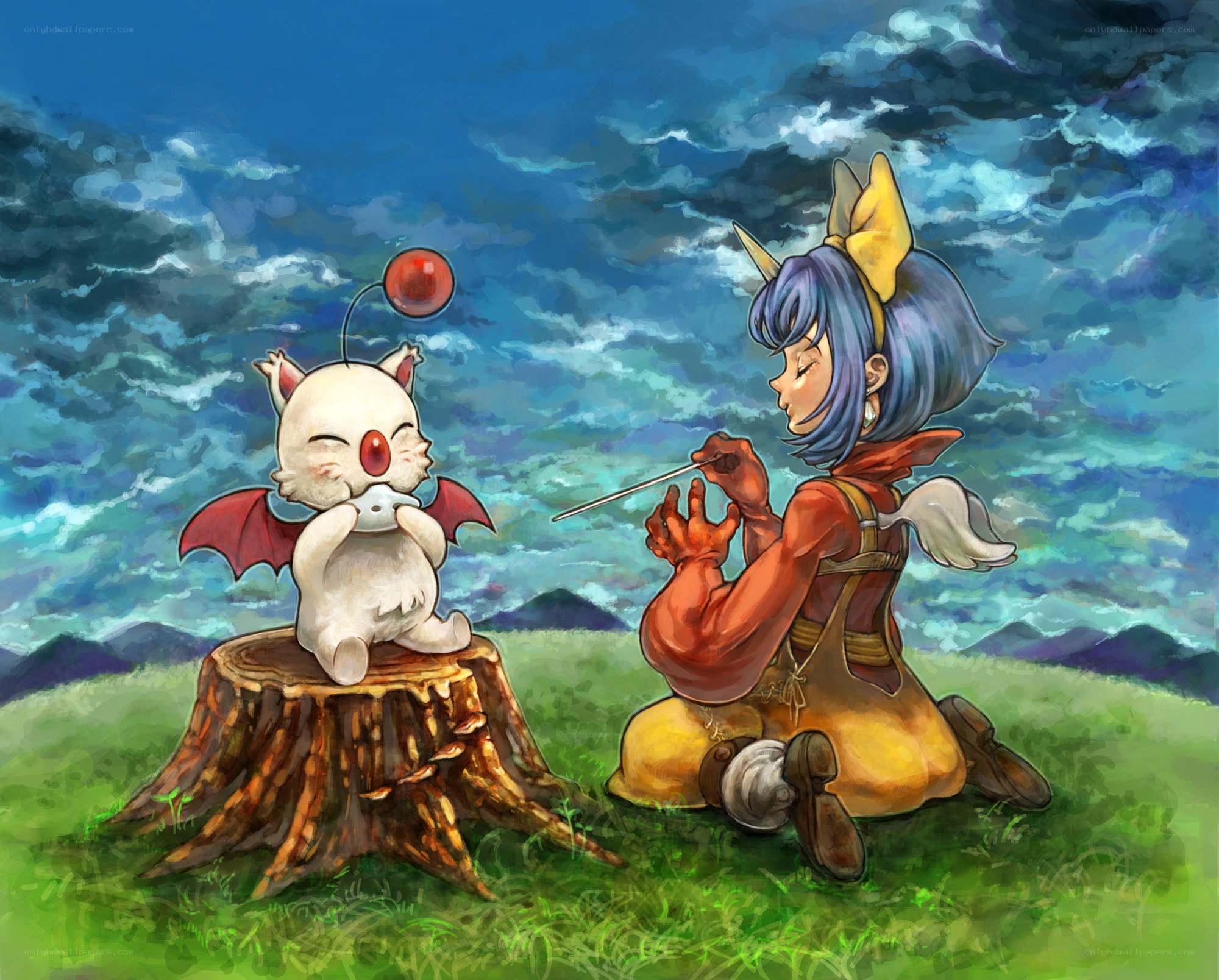 Girl playing with a moogle