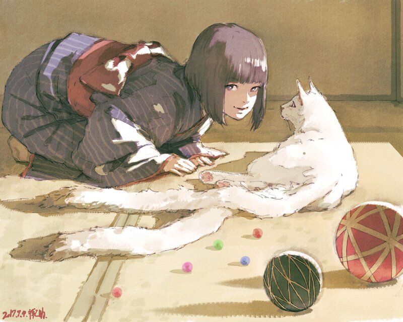 Girl Playing with Cat — Brown