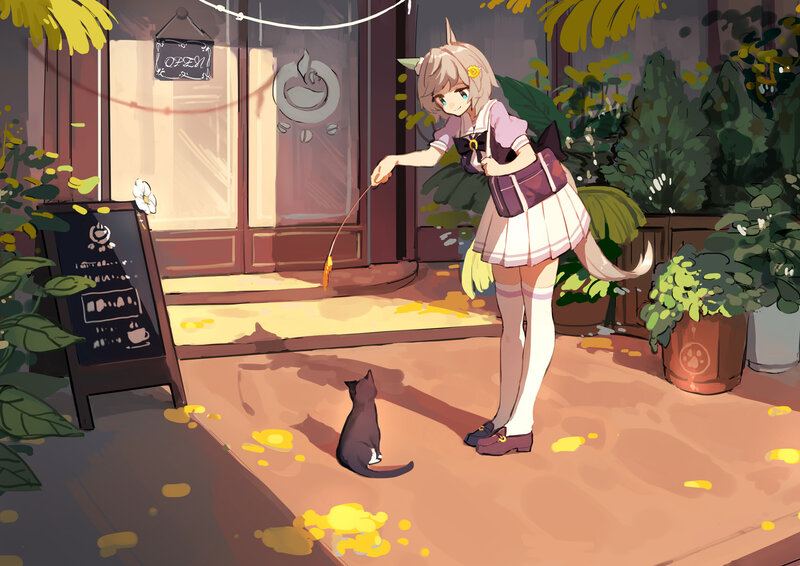 Girl Playing with Cat — Yellow