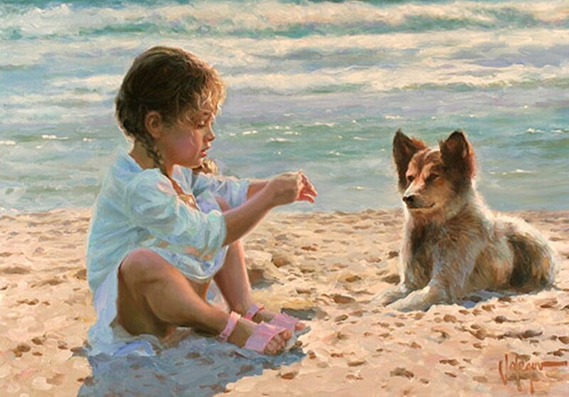 Girl Playing with Dog — Blue