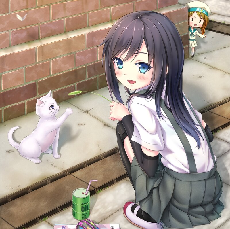 Girl Playing with Kitten — Gray