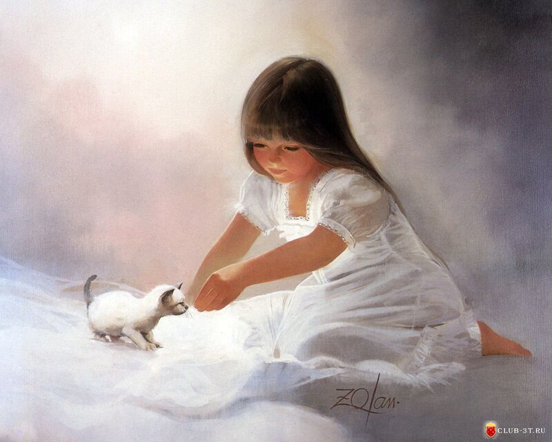 Girl Playing with Kitten — White, Serene