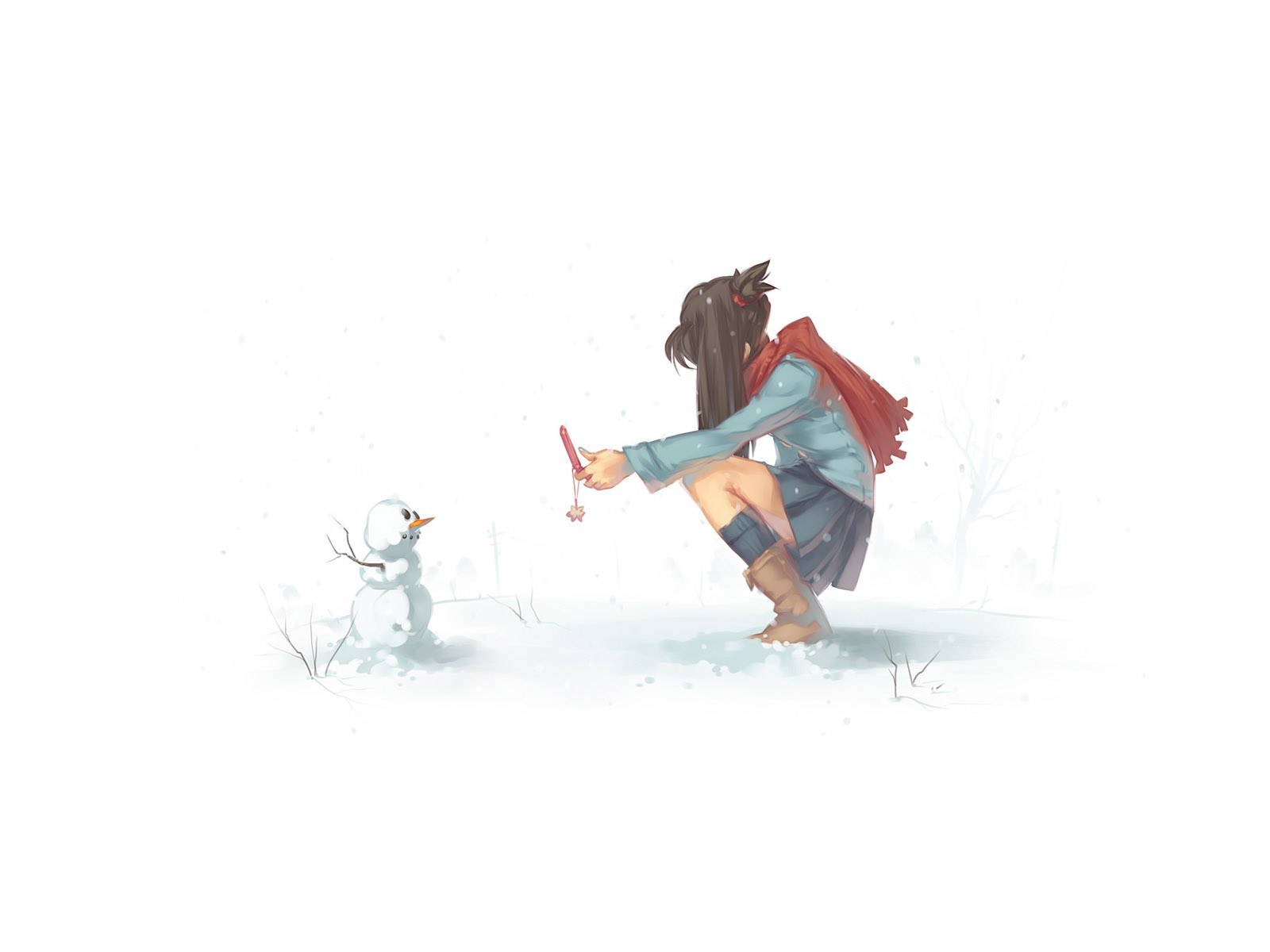 Girl playing with snowman