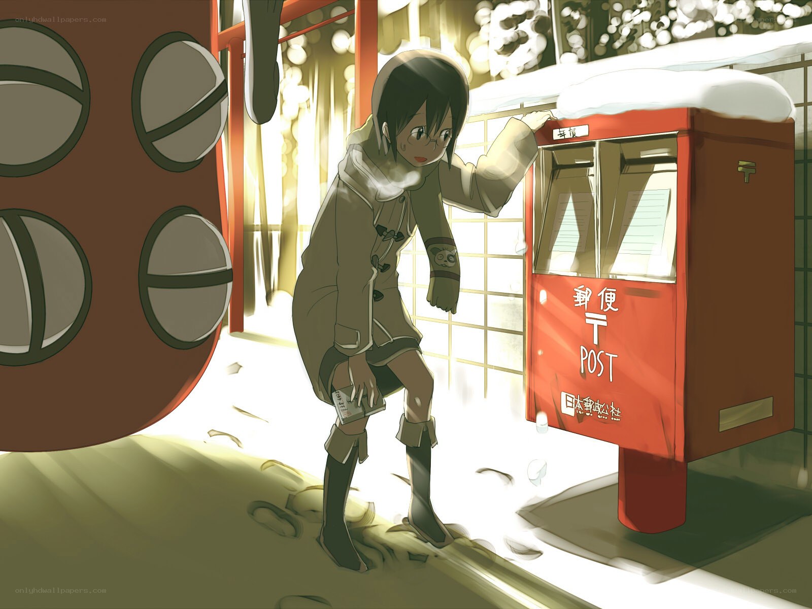 girl posting a letter in winter