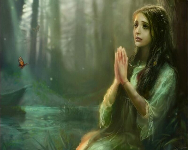 Girl Praying in Forest — Green