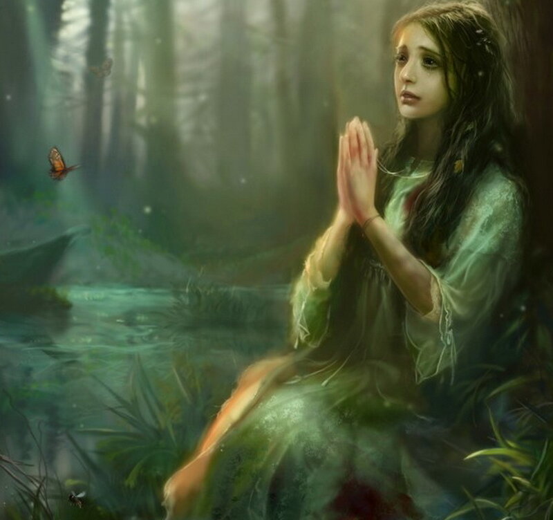 Girl Praying in Forest