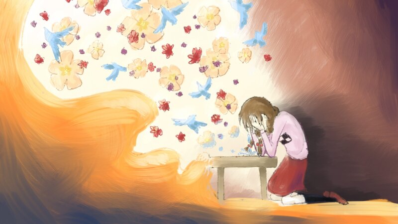 Girl praying with flowers and birds