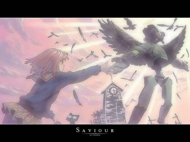 Girl reaching for angelic robot