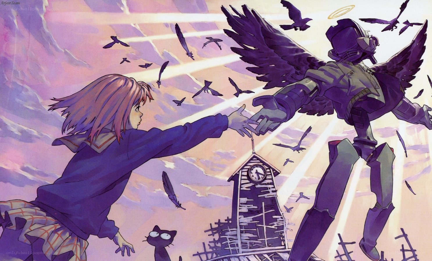girl reaching for angelic robot
