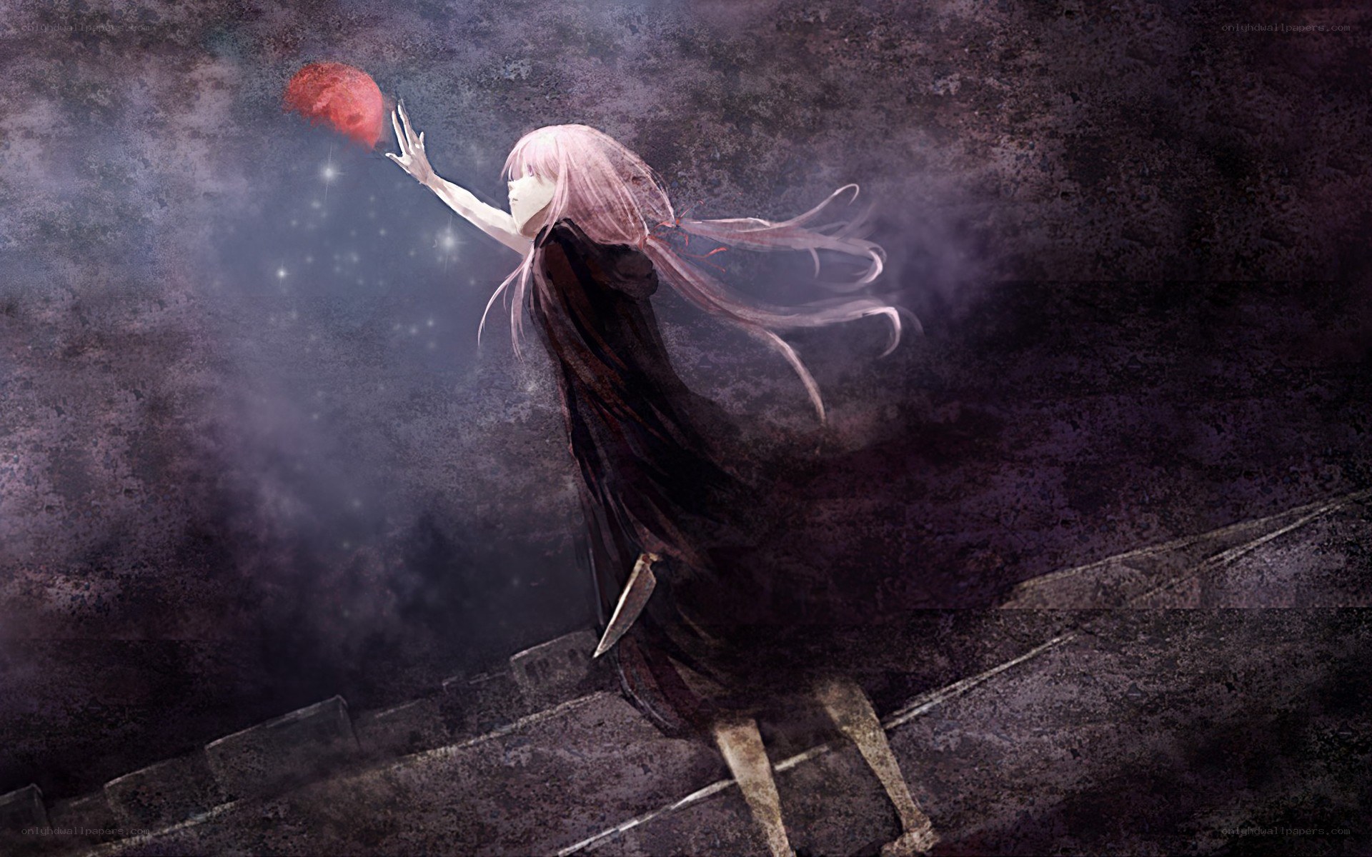 girl reaching for red moon