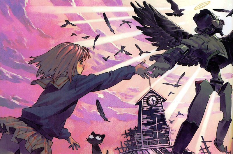 girl reaching for robot angel