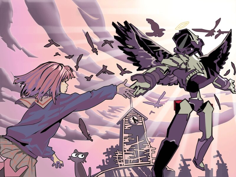 Girl reaching for robot angel