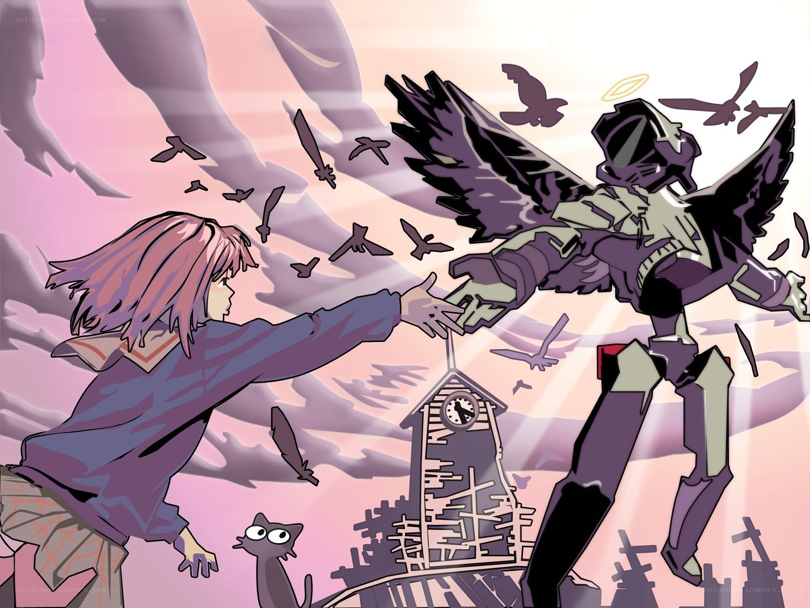 Girl reaching for robot angel