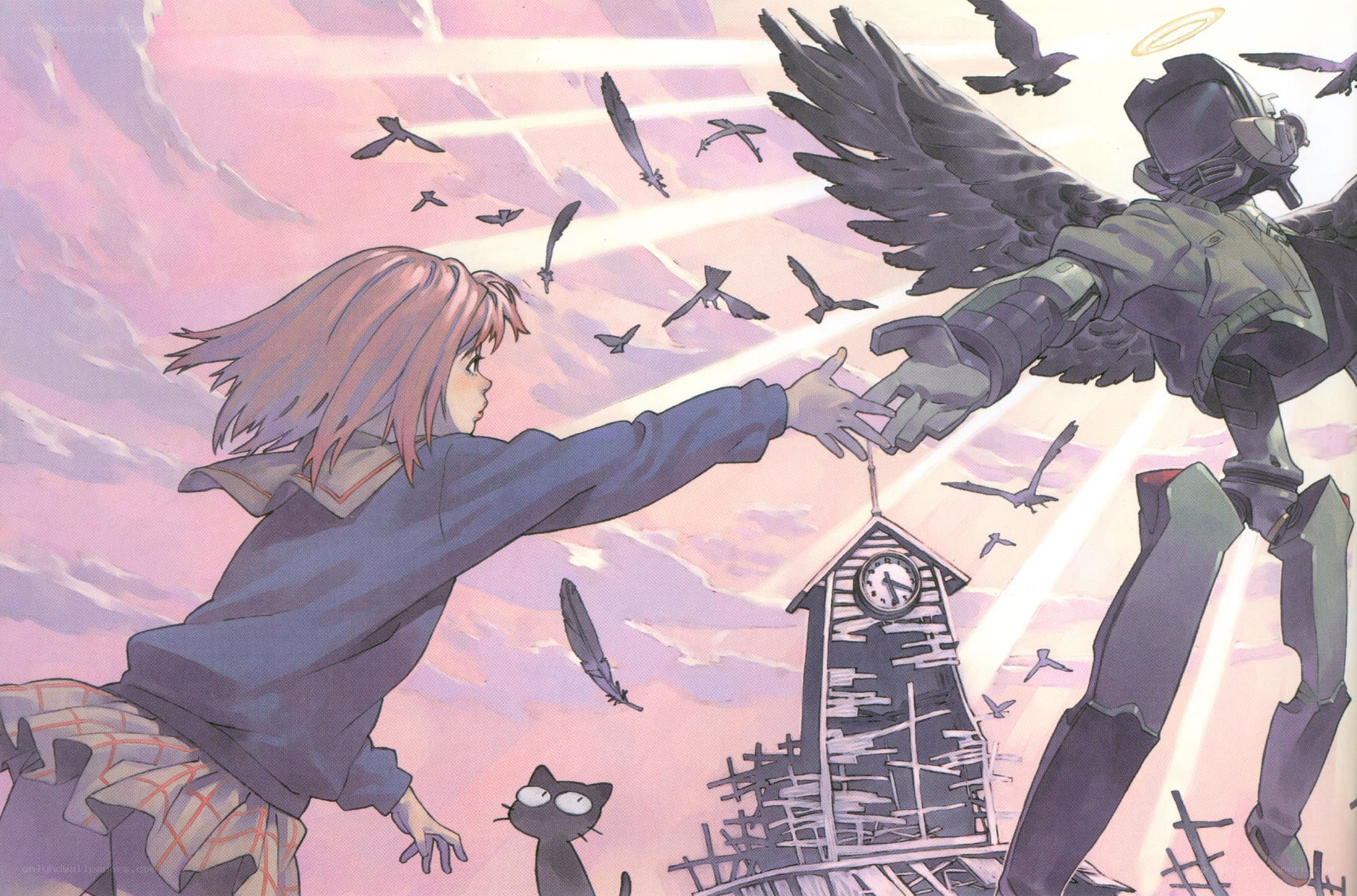 girl reaching for robot angel