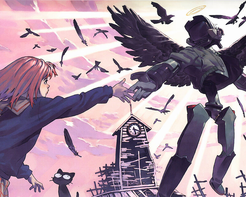 Girl Reaching for Robot — Pink, Dramatic, Sunset
