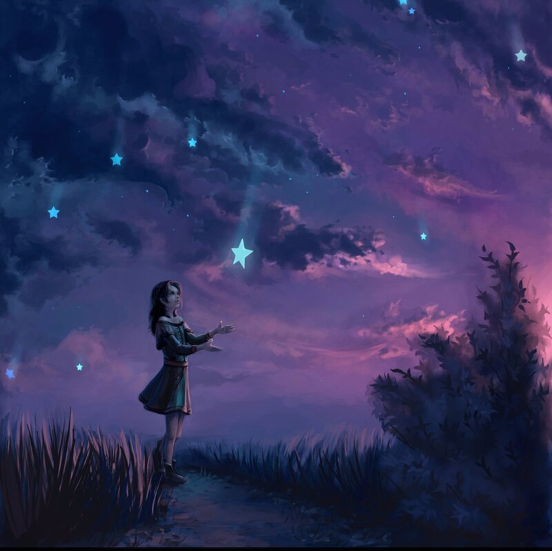 Girl Reaching for Stars — Purple, Dreamy, Night