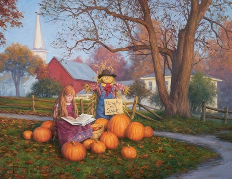 Girl Reading Among Pumpkins — Orange