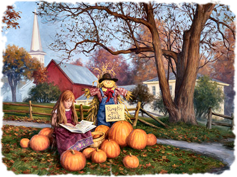 Girl Reading Among Pumpkins