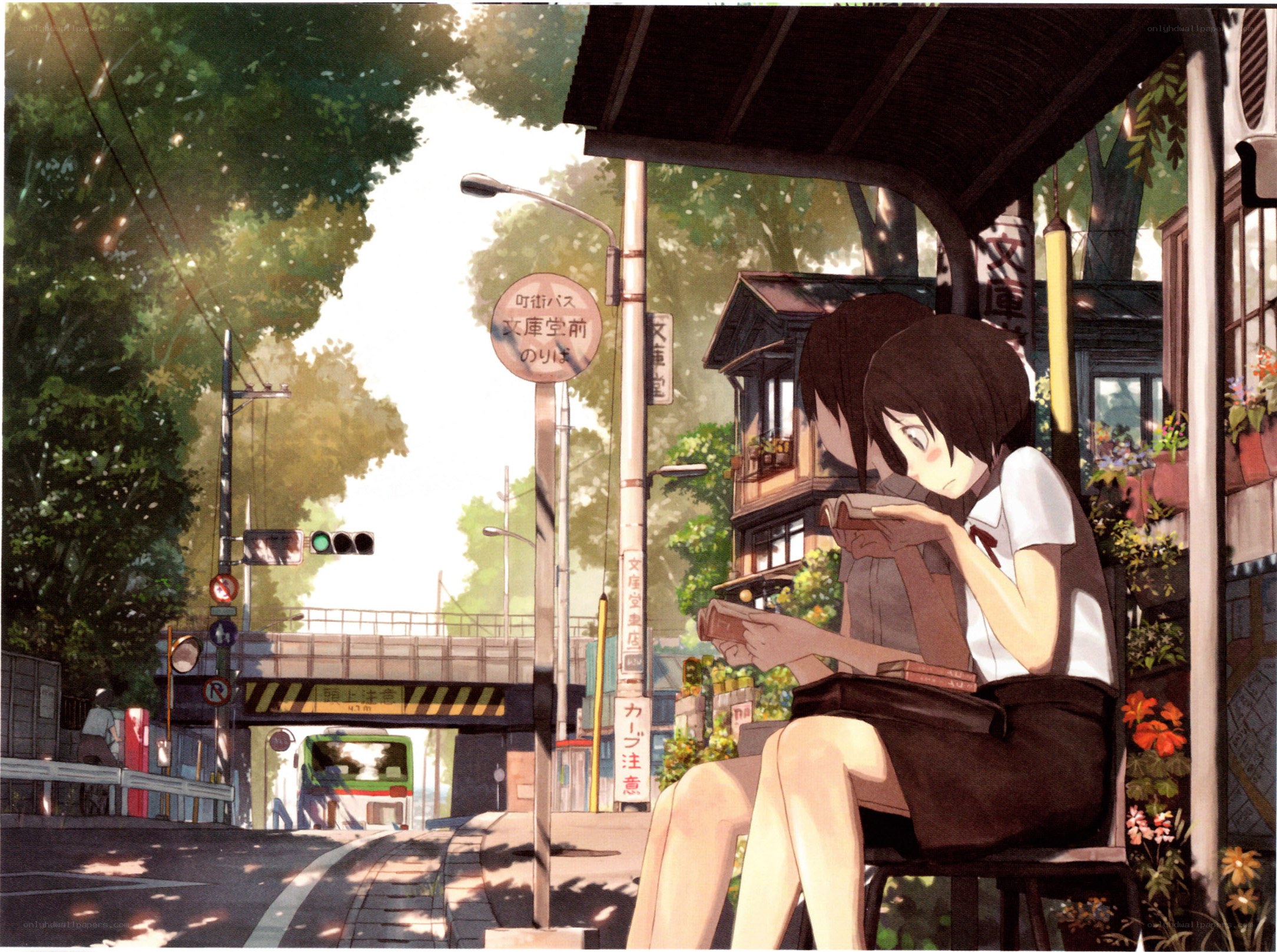 Girl reading at a bus stop